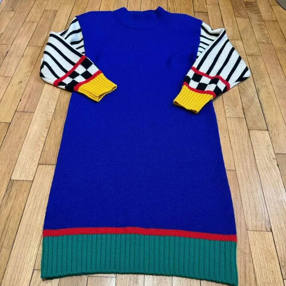 Outlander 100 Wool Colorblock Knit Mock Neck Sweater Dress Size‎ S Vintage - Picture 2 of 9